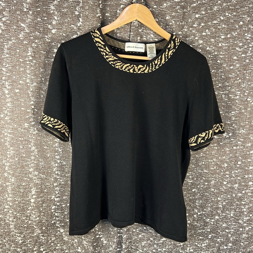 Alfred Dunner Top Sweater Cardigan Zip Up Black‎ Tan Animal Print L Long Sleeve - Picture 7 of 9